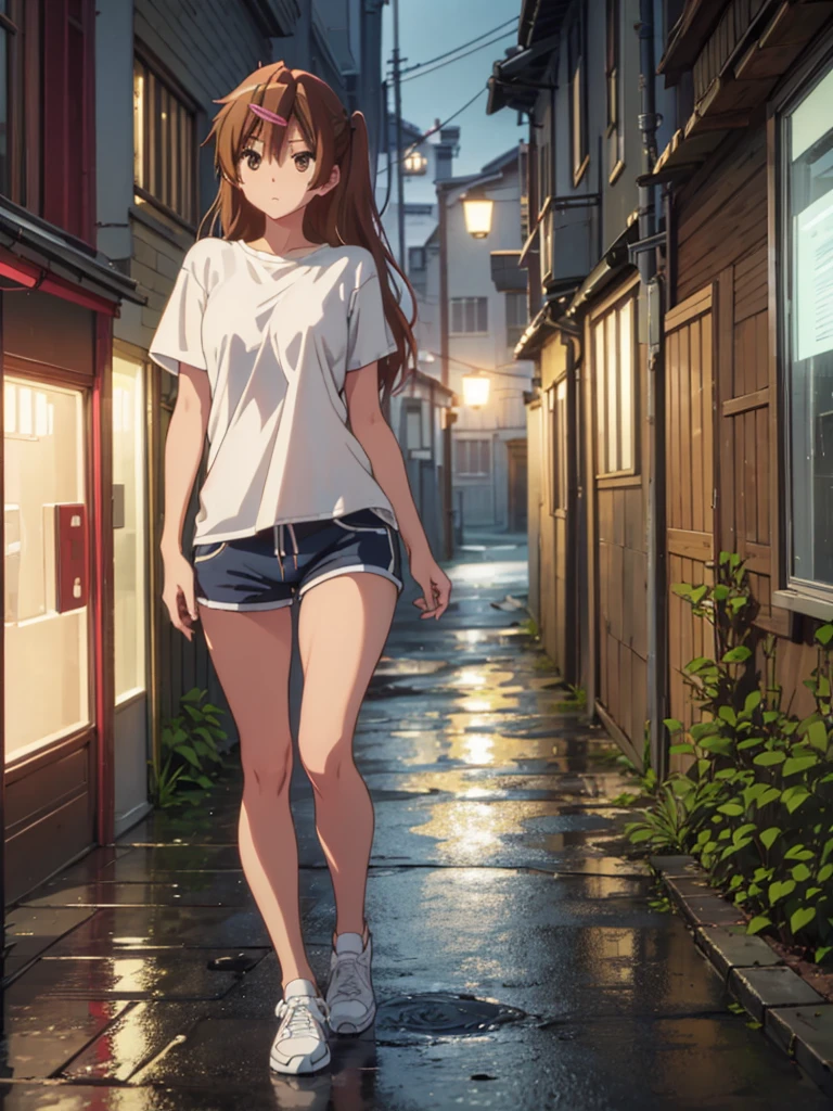 Girl, short tight shorts,t-shirt, Bare breasts, chest visible, street  background, Narrow passage between houses, night, rain, slim body, In full growth, Sneakers , small breast