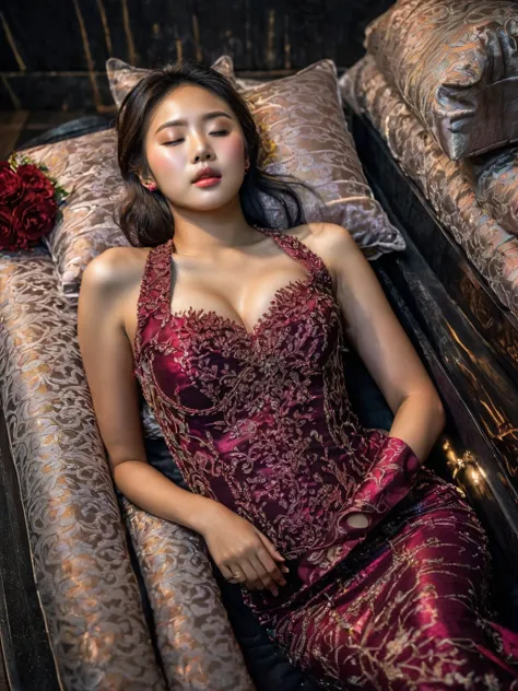 In a striking 8K HDR scene, a stunning Korean woman, 22 years old, lies peacefully in a black coffin surrounded by plush pillows...