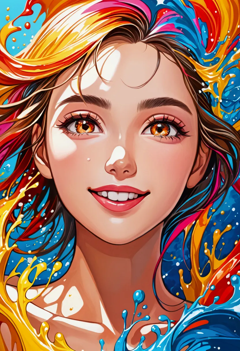 a brush stroke oil painting of beautiful girl with perfect face, smile, vivid color, splashing painting style, perfect mix color...