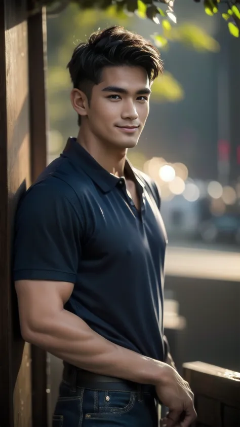 Natural light, realistic, Thai man, ทรงผมสั้น buzz cut, Handsome, muscular, big muscles, Broad shoulders, model,  Wearing a navy...