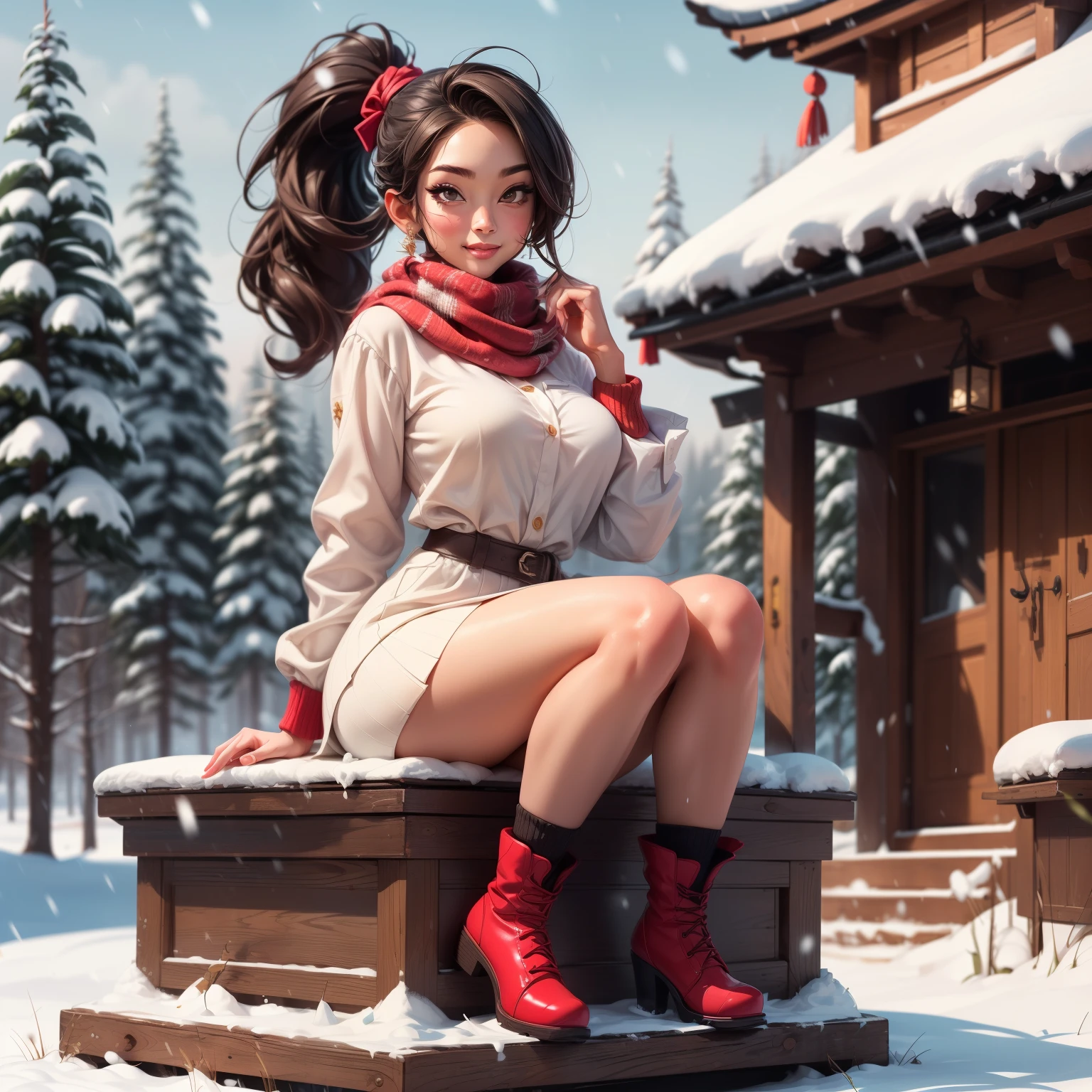 (Best quality, 8k, 32k, Masterpiece, UHD:1.2),Photo of Pretty Japanese woman, stunning, 1girl, (medium dark brown ponytail), double eyelid, natural medium-large breasts, slender legs, tall body, soft curves, white coat, knit dress shirt, checkered skirt, red scarf, snow heeled boot, sitting on stairs on shrine, snowy shrine, heavy snow on shrine, fashion model posing, unforgettable beauty, look at viewer, sexy smile, closed to up, lifelike rendering, detailed facial features, detailed real skin texture, detailed details