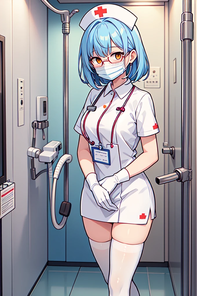 1woman, solo, nurse, white nurse cap, white nurse uniform, ((white legwear, zettai ryouiki)), white gloves, glasses, blue hair, orange eyes, ((white surgical mask, covered nose)), standing, ((hospital room)), sharp outline, short sleeves, mature female, 35 years old, best quality, masterpiece