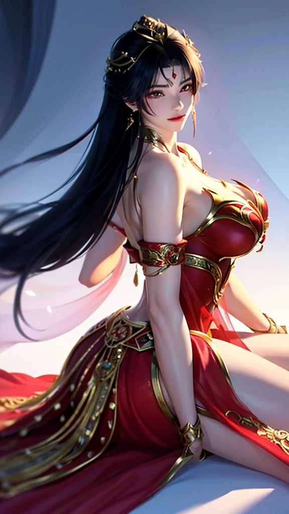 A woman in resplendent red is seated upon a pristine blanket of snow. She dons a long, transparent dress, its crimson hue shimmering through, revealing partially exposed shoulders adorned with intricate lace and delicate straps. The skirt of her dress is accentuated with artistic decorations and shimmering metallic elements, giving her an aura of formidable femininity and warrior-like essence. Metallic armor accessories and raised belts grace her waistline, further emphasizing this regal amalgamation of power and grace.

Her hair cascades down her back in a simple yet elegant style, framing her delicate and perfect facial features. Earrings ad