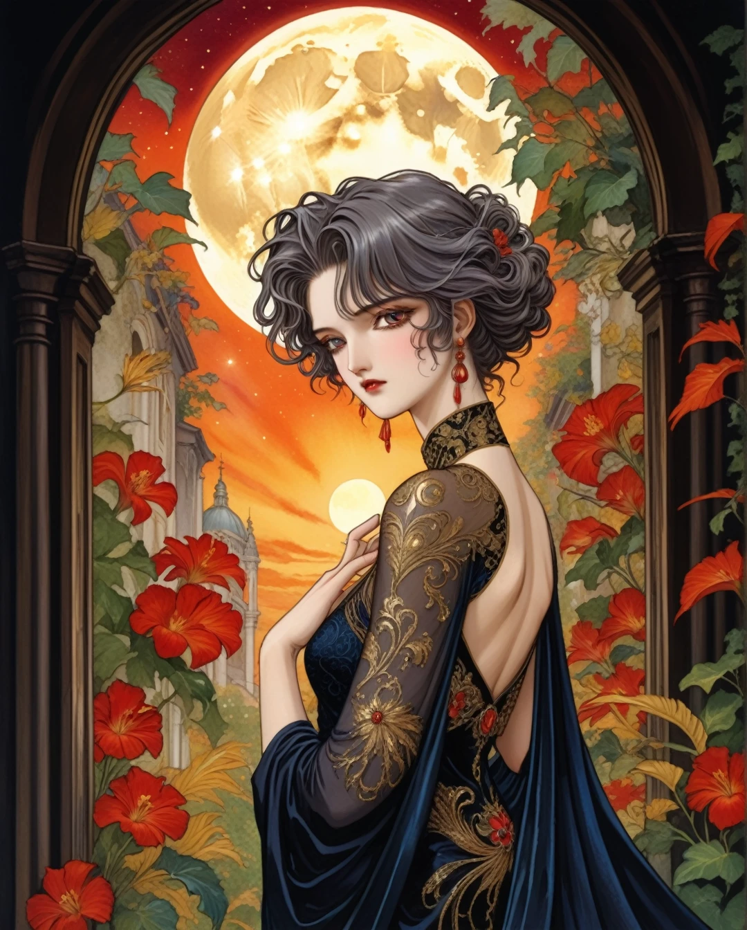 Art style by Akihiro Yamada, Art style by Suehiro Maruo, Art style by Ayami Kojima, (Masterpiece, Top Quality, Super Detail, High Resolution, Best Illustration), Create a breathtaking and intricate digital illustration featuring a woman with striking gray eyes, dressed in a flowing gown, looking over her shoulder. The scene is set within an expansive cathedral adorned with ornate filigree and wild swirls, blended with overgrown cottagecore elements. The atmosphere is charged with stormy clouds in shades of black, gold, and red, interwoven with feathers and floral designs.The background should be a symphony of wet brush strokes, gel ink, and an underwater effect, framed by lush ivy, vines, and leaves, showcasing a harmonious balance and symmetry. Incorporate elements of tarot, art deco, and 1920s influences to create a maximalism avant-garde masterpiece. The centerpiece of the image reveals a twinkling light, a full moon, and a starry galactic backdrop, evoking a sense of wonder and mystique. This composition should be rich in detail, color, and texture, resulting in an extraordinary visual experience.