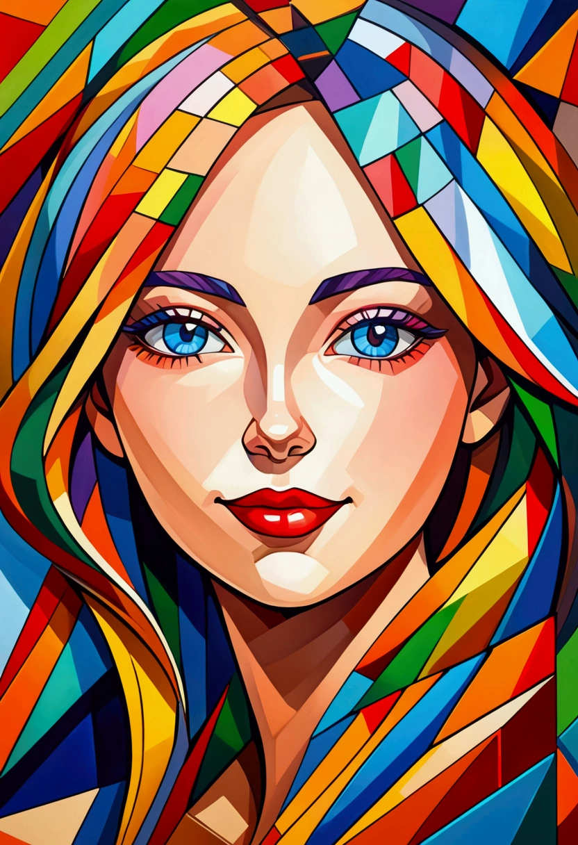 a scratch oil painting of beautiful girl with perfect face, (scratch:0.6) smile, vivid color, cubism style, perfect mix color, super detailed, best quality wallpaper, 8k, absurdity, expressive realism, perfect lightness