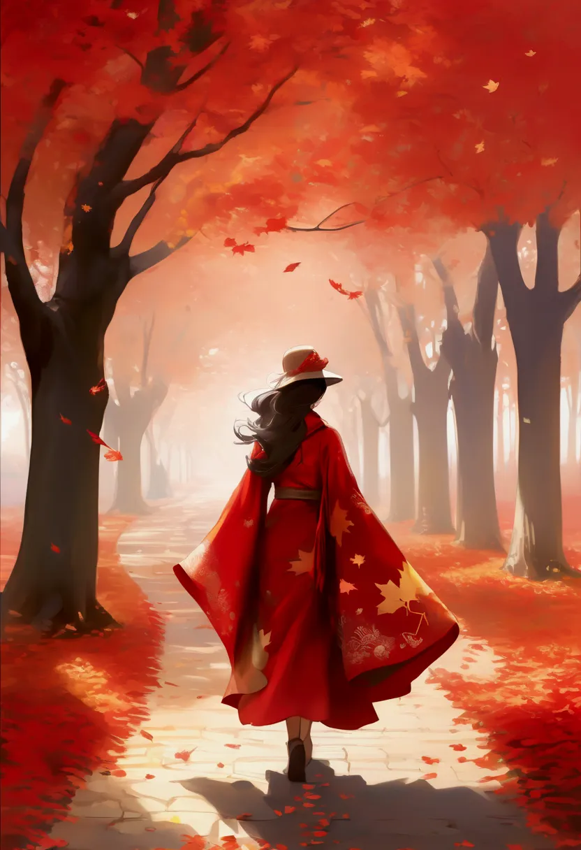 Create captivating autumn depictions, Flaming red maple，eventide，A beautiful woman walks on a path covered with maple leaves，Sce...