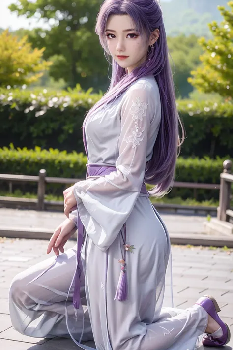 chinese purple cheongsam，long legs，kneeling on the ground，flip hair