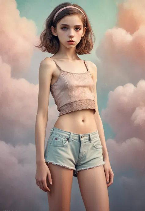 (cinematic photo:1.3) from (thigh-length photos:1.3),(skinny:1.3) ((croptop, navel)) beautiful 12 year old girl, (complex brown ...