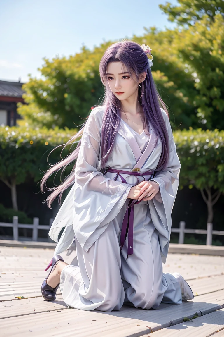 Hanfu，Long legs，Kneeling on the ground，Flip hair