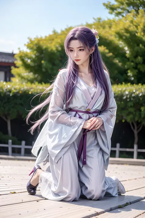 hanfu，long legs，kneeling on the ground，flip hair