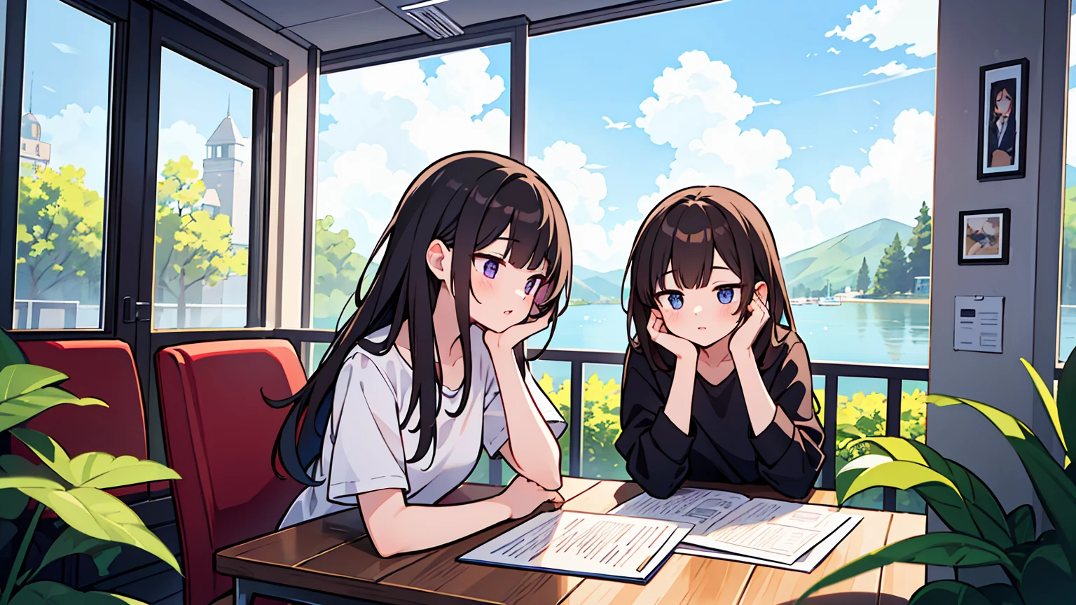 (masterpiece, best quality),2 women, different hair colors, different faces, flower, long hair, outdoors, letterboxed, , afternoon, sky, looking for, short sleeve, chapped lips, shirt, cloud, black hair, sunlight, white shirt, angel, upper body, from the side, pink flower, haziness, brown hair, blue sky, depth of field ,Huge lake outside the glass window, In a large cafe, study at desk, together, stylish outfit,
