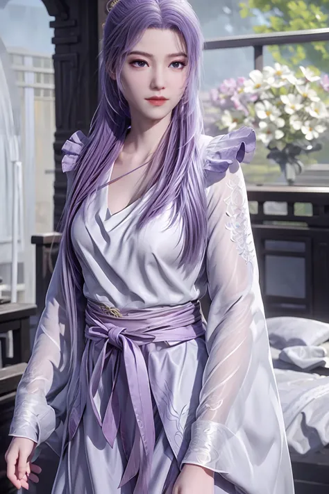 purple cheongsam，long legs，in the bedroom