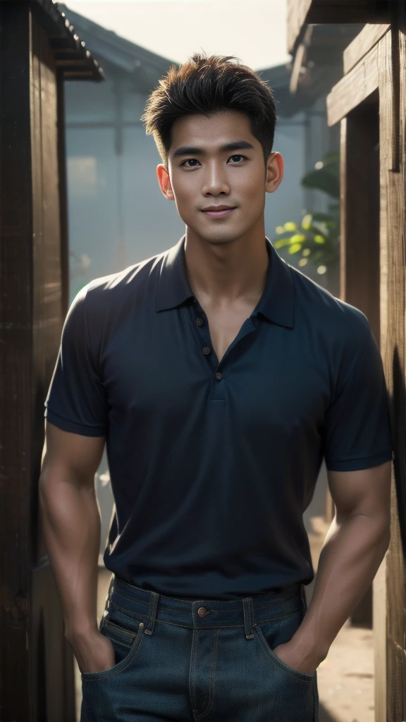 Natural light, realistic, Thai man, ทรงผมสั้น buzz cut, Handsome, muscular, big muscles, Broad shoulders, model,  Wearing a navy blue polo shirt and jeans, he stood and smiled. , outdoor outside