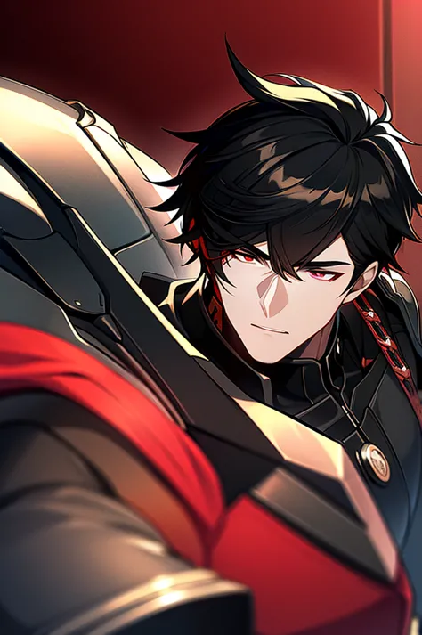 Man with black hair, dark eyes and black armor with red details with a black rose. With the face of a handsome man (detailed in ...