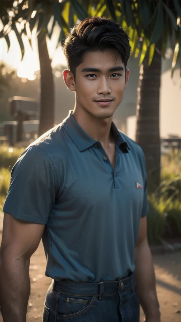 Natural light, realistic, Thai man, ทรงผมสั้น buzz cut, Handsome, muscular, big muscles, Broad shoulders, model,  Wearing a dark blue polo shirt and jeans, he stood and smiled. , outdoor outside