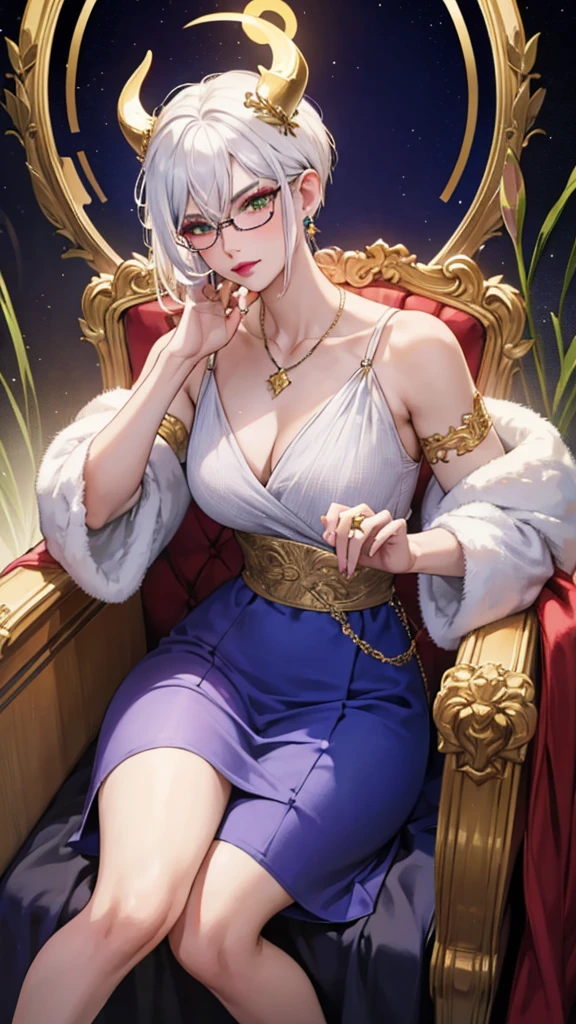 8k, masterpiece, best quality, highly detailed, 1 girl, tiefling, warlock, multicolored hair, very short straight hair green highlight hair on white hair, strippled hair, wearing glasses, round glasses, earrings, red eyeshadow, long eyelashes, blushed cheek, red lips, necklace, rings, collarbone, mole, glamorous, white and gold clothing, smirk, fullbody view, rings, looking at viewer, demon horns, solo, royal dress, palace, blue pale moon, sitting on throne, tattoo, halo, celestial, radiance, elegant dress, divine. 