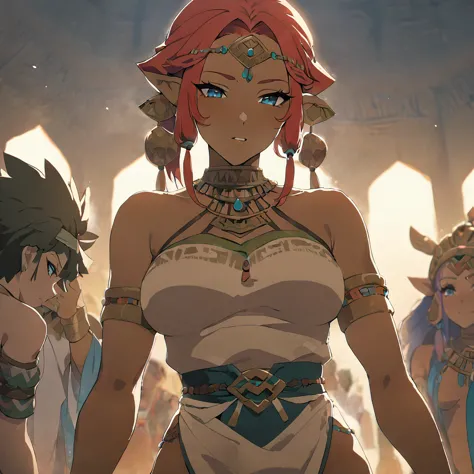 ((highest quality)), ((masterpiece)), (detailed), （perfect face）、the woman is queen zelda of the gerudo tribe, with red hair, bl...