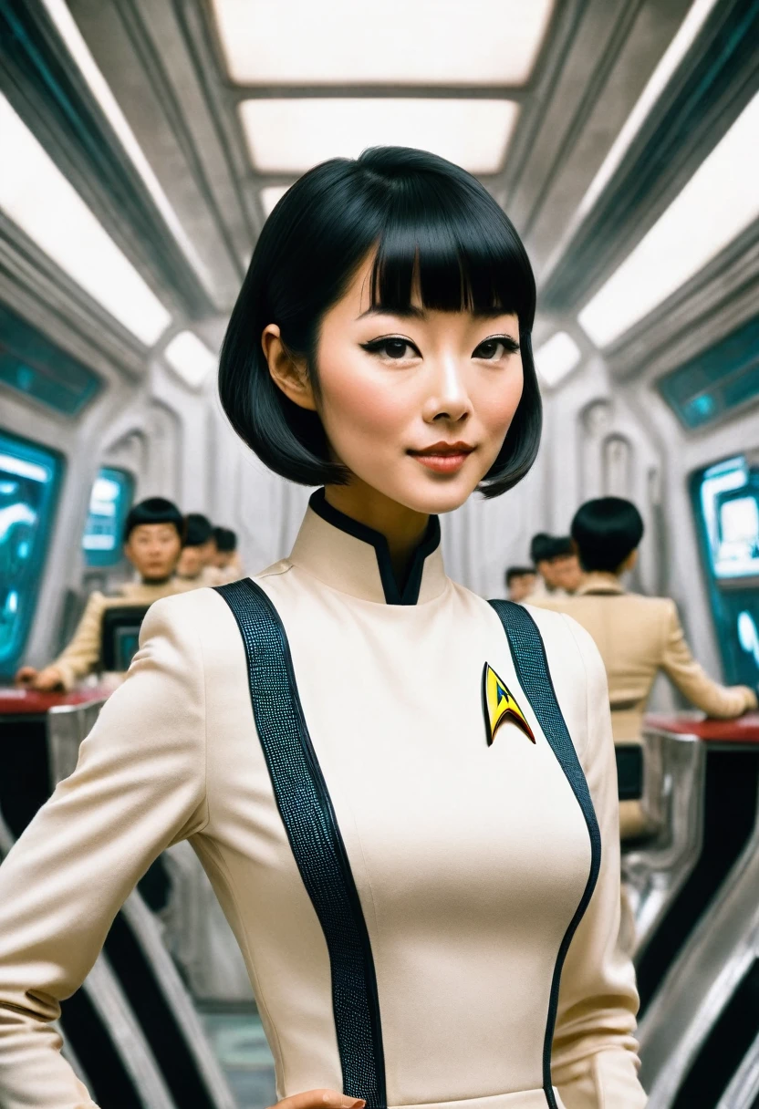 (wearing star trek original series 60s/70s one piece mini dress bridge crew uniform )) (asian-european, half-asian crew member with bob haircut and slim figure) ((in the style of a retro-futuristic, retro-scifi film, pulp scifi book cover) ((soft focus, cinematic, film grain)