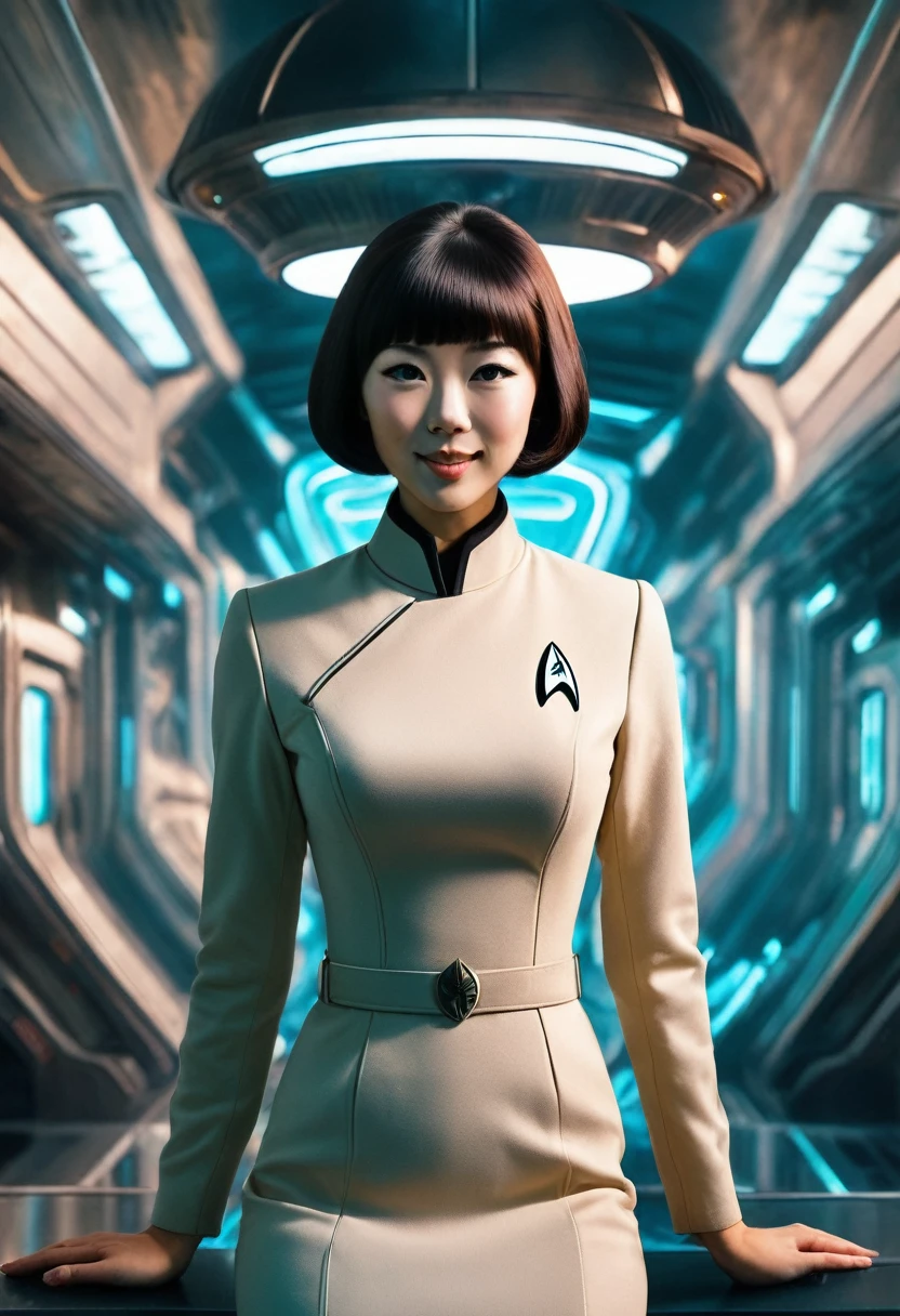 (wearing star trek original series 60s/70s one piece mini dress bridge crew uniform )) (asian-european, half-asian crew member with bob haircut and slim figure) ((in the style of a retro-futuristic, retro-scifi film, pulp scifi book cover) ((soft focus, cinematic, film grain)