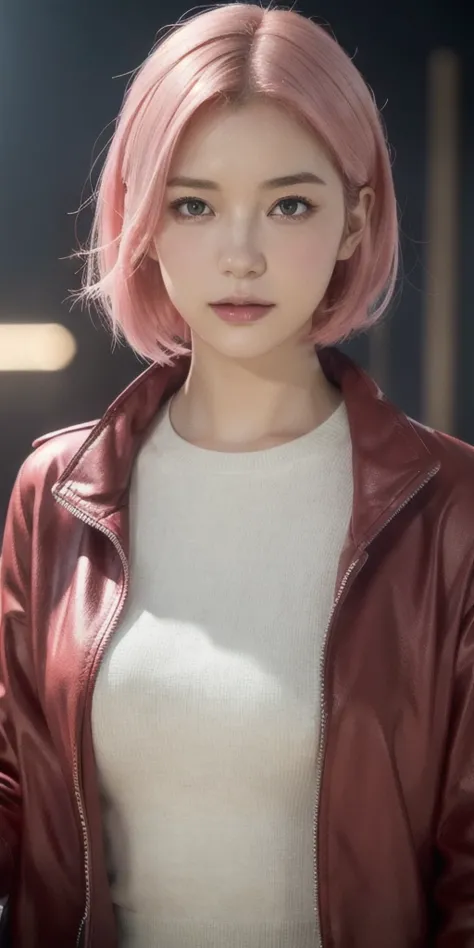 sakura haruno, seductive, ((forehead to show)), attractive, sexy eyes, red coat, pink hair, delicate, young, short hair, detaile...