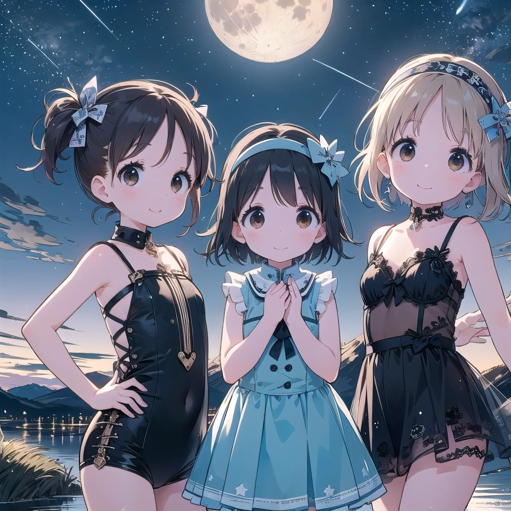 8-year-old、pretty girl、Fetish、Smile、shooting star、milky way、full moon、Beautiful background、Breathing heavily，Four Girls、Cute bondage outfit、Black Hair、Brown eyes、short hair、Headband