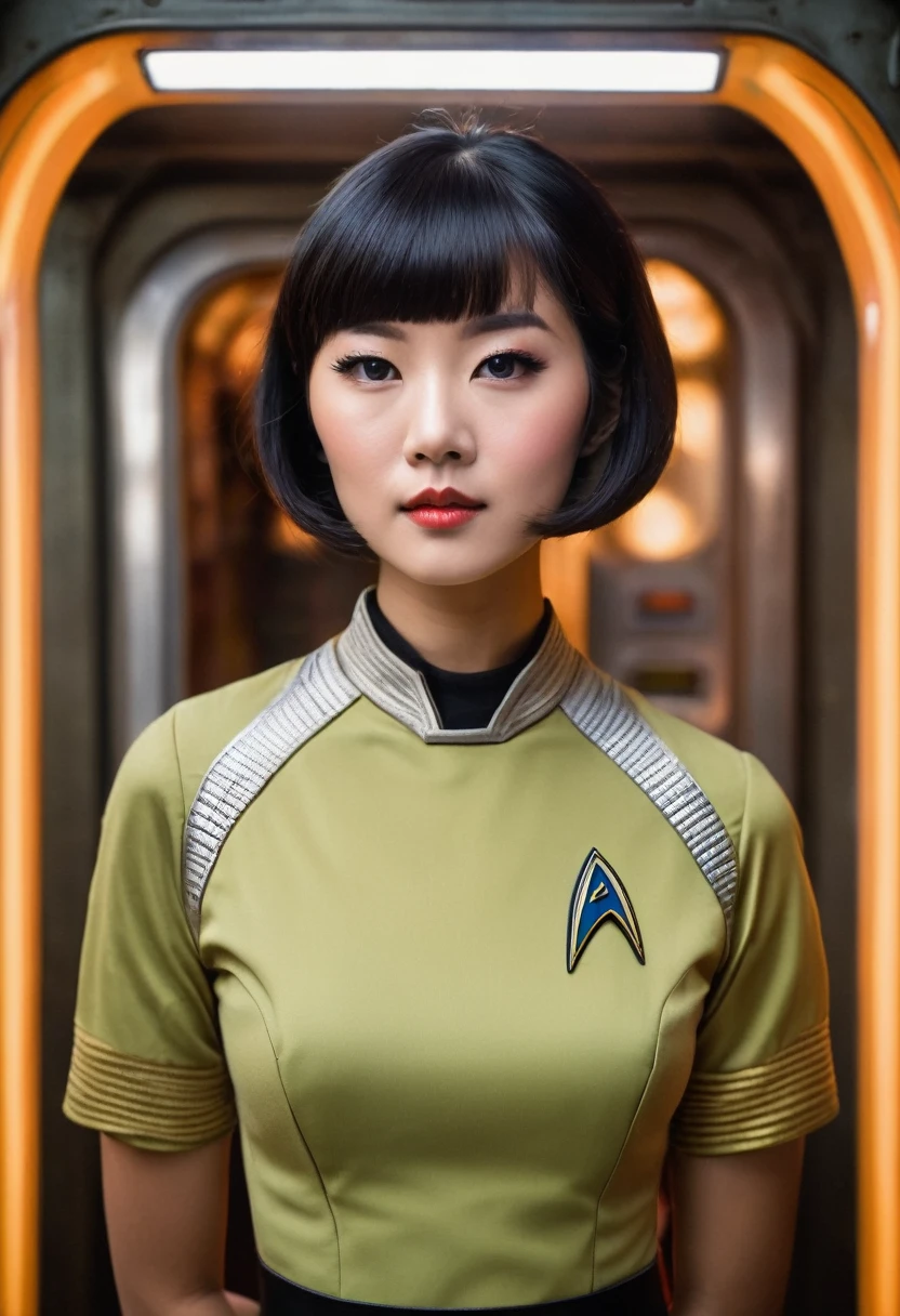 (usando Star Trek série original dos anos 60/Vestido curto dos anos 70, uniforme da tripulação da ponte )) (Asiático-Europeu, membro da tripulação meio asiático com corte de cabelo bob e corpo esguio) ((no estilo retro-futurista, filme de ficção científica retrô, capa do livro de ficção científica pulp) ((foco suave, cinematic, grão de filme)