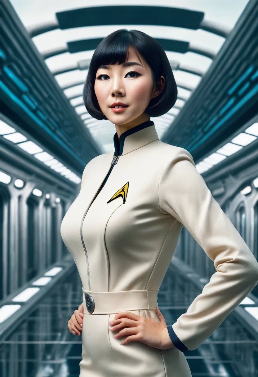 (portant la série originale de Star Trek des années 60/mini-robe en une pièce des années 70, uniforme de l'équipage du pont )) (asiatique-européen, membre d&#39;équipage mi-asiatique avec coupe de cheveux au carré et silhouette mince) ((dans le style rétro-futuriste, film rétro-science-fiction, couverture de livre de science-fiction pulp) ((mise au point douce, Cinématique, grain de film)