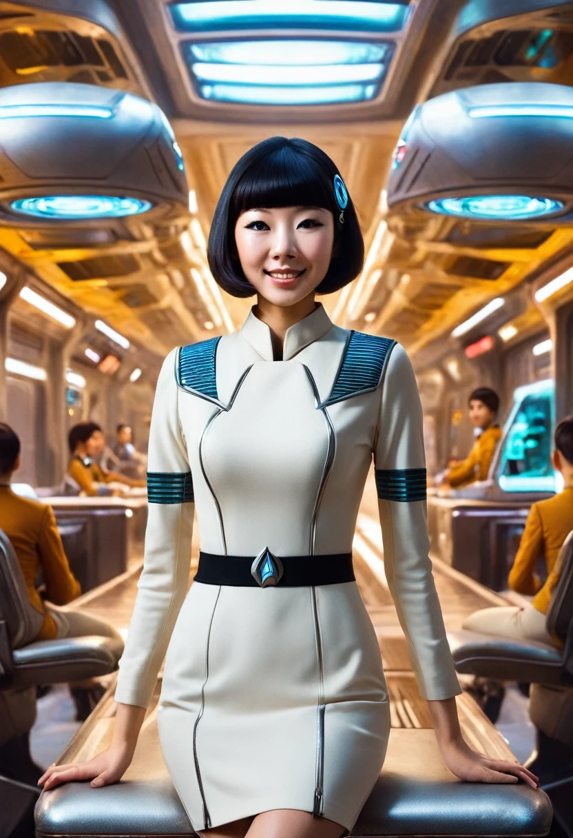 (portant la série originale de Star Trek des années 60/mini-robe en une pièce des années 70, uniforme de l'équipage du pont )) (asiatique-européen, membre d&#39;équipage mi-asiatique avec coupe de cheveux au carré et silhouette mince) ((dans le style rétro-futuriste, film rétro-science-fiction, couverture de livre de science-fiction pulp) ((mise au point douce, Cinématique, grain de film)