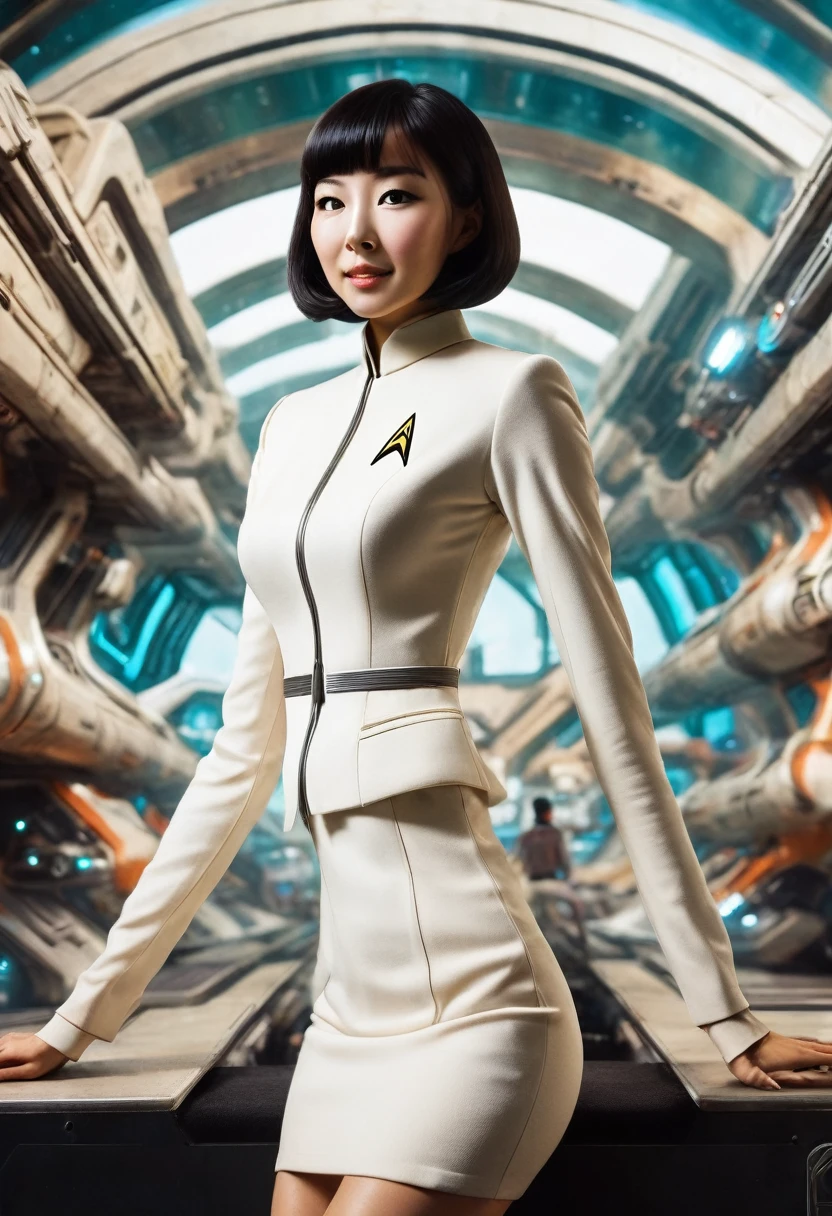 (portant la série originale de Star Trek des années 60/mini-robe en une pièce des années 70, uniforme de l'équipage du pont )) (asiatique-européen, membre d&#39;équipage mi-asiatique avec coupe de cheveux au carré et silhouette mince) ((dans le style rétro-futuriste, film rétro-science-fiction, couverture de livre de science-fiction pulp) ((mise au point douce, Cinématique, grain de film)