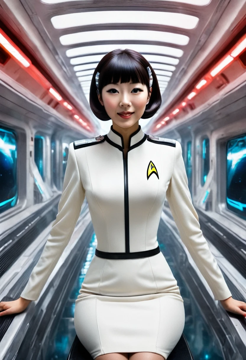 (portant la série originale de Star Trek des années 60/mini-robe en une pièce des années 70, uniforme de l'équipage du pont )) (asiatique-européen, membre d&#39;équipage mi-asiatique avec coupe de cheveux au carré et silhouette mince) ((dans le style rétro-futuriste, film rétro-science-fiction, couverture de livre de science-fiction pulp) ((mise au point douce, Cinématique, grain de film)