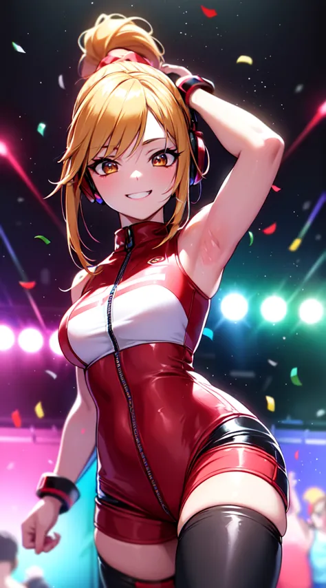 anime girl,short mini red  jumpsuit, unzip to belly, headphones,dj turntable set,club lighting,stage,confetti,dancing,smiling,(b...