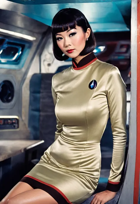 (wearing star trek original series 60s/70s one piece mini dress bridge crew uniform )) (asian-european, half-asian crew member w...