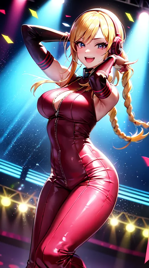 anime girl,short mini red  jumpsuit, unzip to belly, headphones,dj turntable set,club lighting,stage,confetti,dancing,smiling,(b...