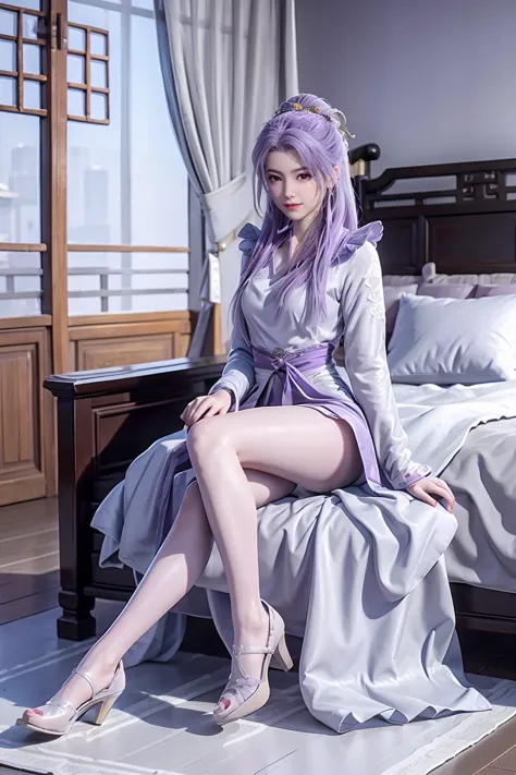 chinese purple cheongsam，long legs，in the bedroom，full-body shot