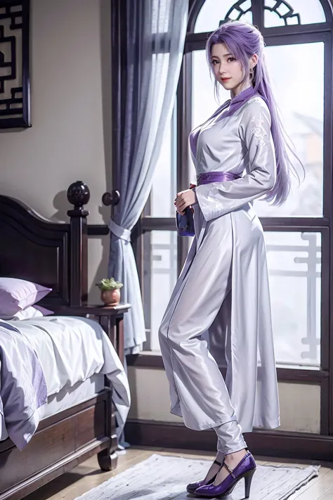 chinese purple cheongsam，long legs，in the bedroom，full-body shot