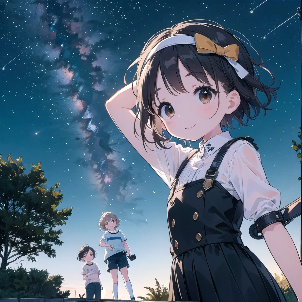 、かわいい女の子、フェチ、笑顔、流れ星、天の川、満月、美しい背景、男の子と屋外で遊ぶ，4人の少女、かわいいボンデージ衣装、黒髪、茶色の目、ショートヘア、ヘッドバンド