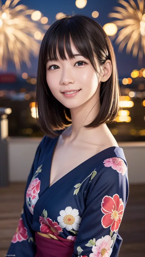 japanese girl looking at the viewer, posing with a smile (highest quality, masterpiece))), wearing navy yukata、high resolution, ...