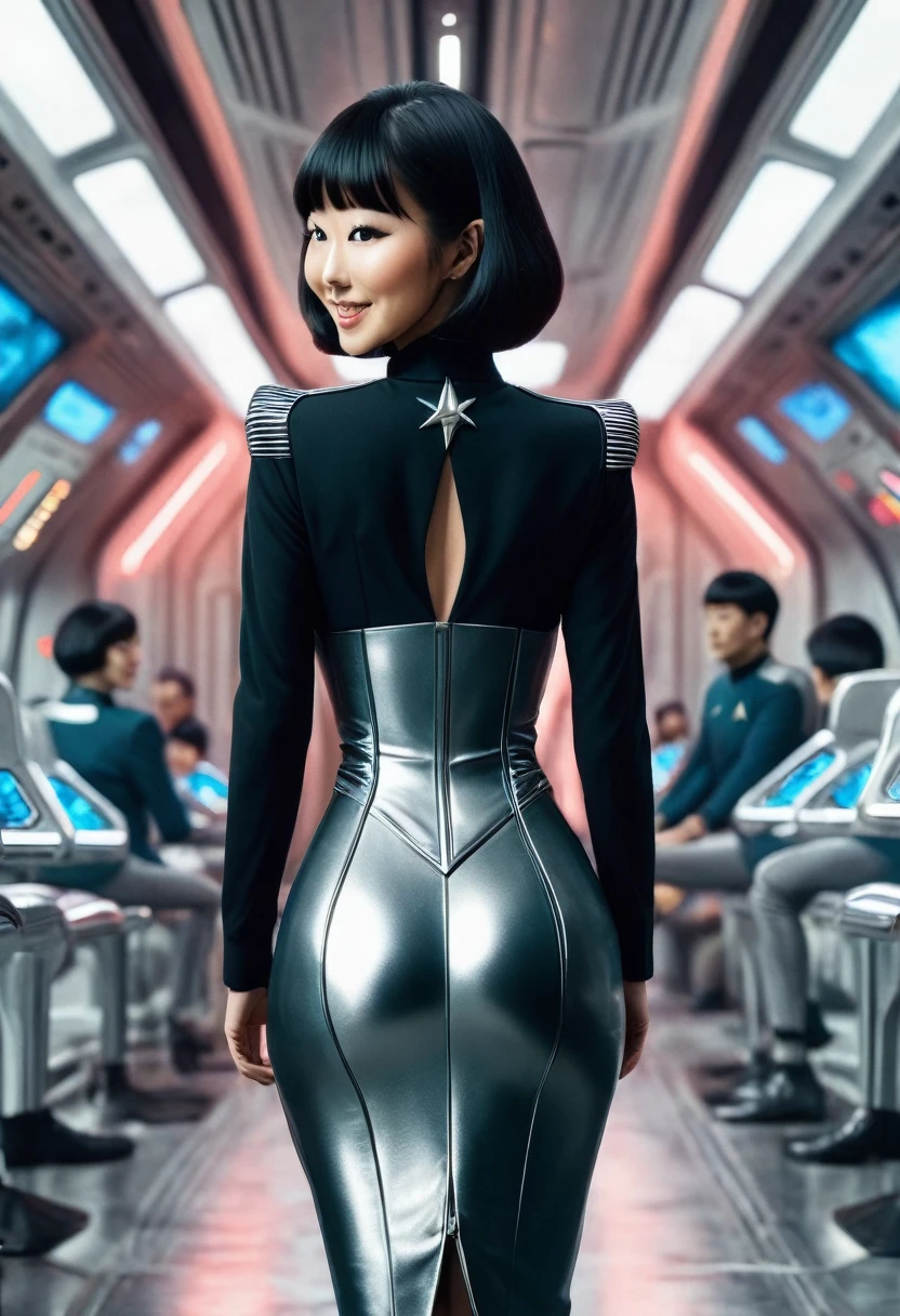 (portant la série originale de Star Trek des années 60/mini-robe en une pièce des années 70, uniforme de l'équipage du pont )) (asiatique-européen, membre d&#39;équipage mi-asiatique avec coupe de cheveux au carré et silhouette mince) ((dans le style rétro-futuriste, film rétro-science-fiction, couverture de livre de science-fiction pulp) ((mise au point douce, Cinématique, grain de film) face au spectateur, vue arrière, Coup de cul, montrant ses hanches impertinentes