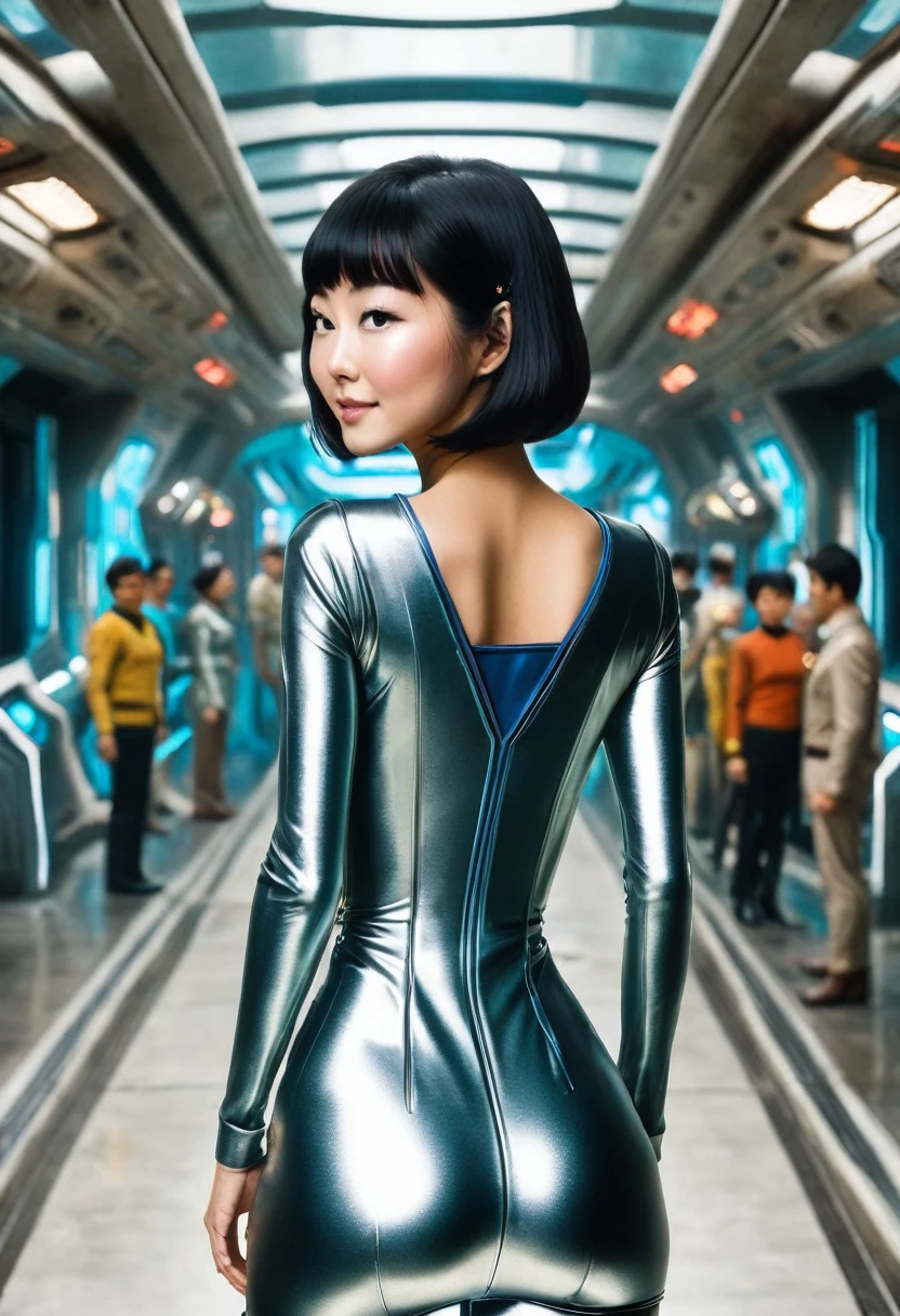 (portant la série originale de Star Trek des années 60/mini-robe en une pièce des années 70, uniforme de l'équipage du pont )) (asiatique-européen, membre d&#39;équipage mi-asiatique avec coupe de cheveux au carré et silhouette mince) ((dans le style rétro-futuriste, film rétro-science-fiction, couverture de livre de science-fiction pulp) ((mise au point douce, Cinématique, grain de film) face au spectateur, vue arrière, Coup de cul, montrant ses hanches impertinentes