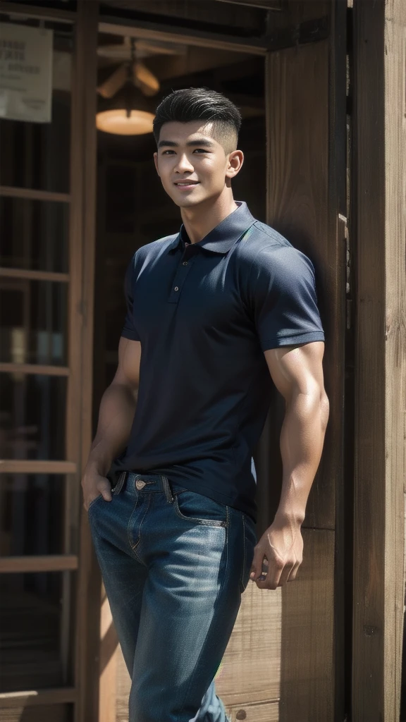 Natural light, realistic, Thai man, ทรงผมสั้น buzz cut, Handsome, muscular, big muscles, Broad shoulders, model,  Wear a tight polo shirt. dark blue jeans standing smiling , outdoor outside