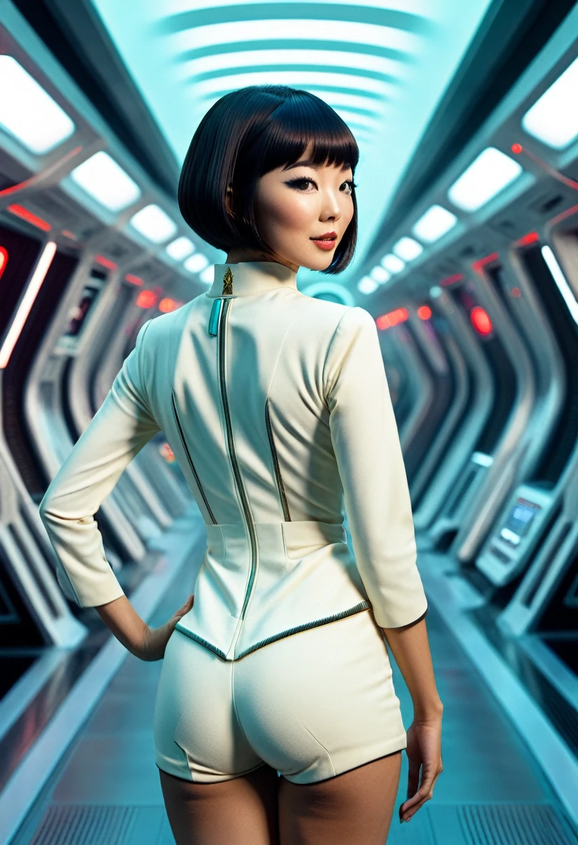 (portant la série originale de Star Trek des années 60/mini-robe en une pièce des années 70, uniforme de l'équipage du pont )) (asiatique-européen, membre d&#39;équipage mi-asiatique avec coupe de cheveux au carré et silhouette mince) ((dans le style rétro-futuriste, film rétro-science-fiction, couverture de livre de science-fiction pulp) ((mise au point douce, Cinématique, grain de film) face au spectateur, vue arrière, Coup de cul, montrant ses hanches impertinentes