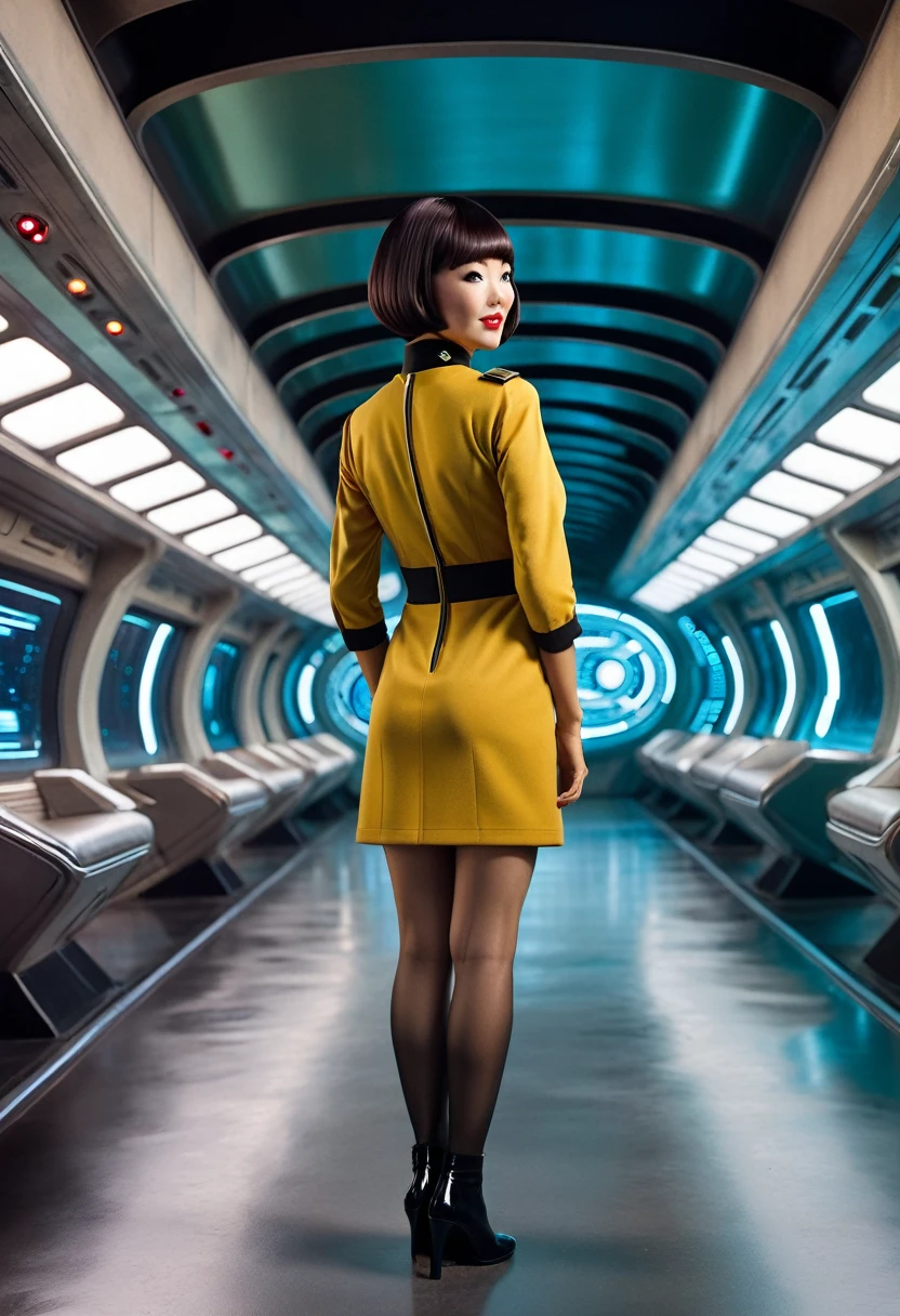 (portant la série originale de Star Trek des années 60/mini-robe en une pièce des années 70, uniforme de l'équipage du pont )) (asiatique-européen, membre d&#39;équipage mi-asiatique avec coupe de cheveux au carré et silhouette mince) ((dans le style rétro-futuriste, film rétro-science-fiction, couverture de livre de science-fiction pulp) ((mise au point douce, Cinématique, grain de film) face au spectateur, vue arrière, Coup de cul, montrant ses hanches impertinentes