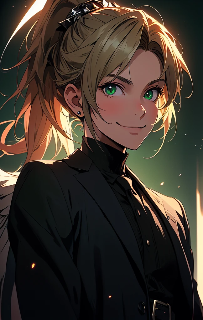 masterpiece, best quality, (detailed anime, video game art, extremely detailed CG unity 8k wallpaper), (best quality), (best illustration), (best shadow), absurdres, realistic lighting, (Abyss), beautiful detailed glow, anime, solo, 1girl, (small chest, portrait, close up shot:1.22), (mordred:0.89), female, feminine, blonde hair, green eyes, ponytail, tomboy, long hair, (dynamic pose, attack stance, valkyrie, smirk:1.03), messy hair, royalty warrior, soldier, vicious expression, grin, (charming smile, charm, head tilt, cocky, :1.14), death glare, kubrick stare, perspective view, (\ ( three quarter profile \ ):0.55), suit and tie, overcoat, black suit, belt, spotlight, dark theme