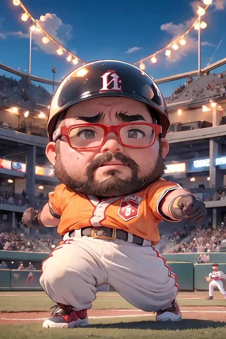 １male, alone, (Yossan), Ultra-high resolution,beard, Glasses, ((Are fat)), chibi, muscle, Dynamic, baseball player, (野court), uniform, bat, Gloves, Helmet, baseball belt, During the game, Batter Box, Stance, court, audience, illumination, Tension, A look of determination, Powerful