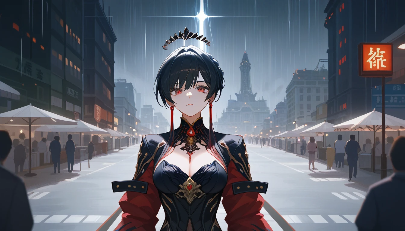 1 Japan Girl, Warframe, complex pattern, heavy metal, Energy Lines, Faceless, shining eyes, elegant, extreme, Blood red and black uniform, alone, modern, city, market price, thundercloud, thunderstorm, heavy rain,, dramatic lighting,, (masterpiece:1.2), best quality, high resolution,   beautiful detailed, very detailed, perfect lighting,