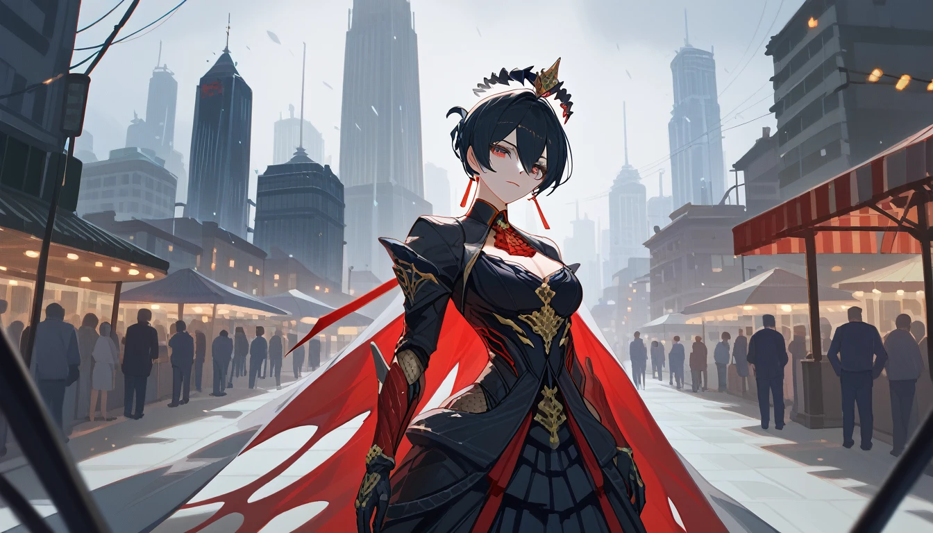 1 Japan Girl, Warframe, complex pattern, heavy metal, Energy Lines, Faceless, shining eyes, elegant, extreme, Blood red and black uniform, alone, modern, city, market price, thundercloud, thunderstorm, heavy rain,, dramatic lighting,, (masterpiece:1.2), best quality, high resolution,   beautiful detailed, very detailed, perfect lighting,