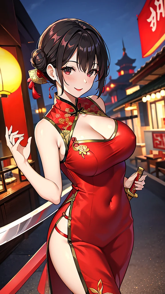 a beautiful woman，Standard red silk cheongsam，Hair tied into a bun，short black hair，Large Breasts，Sexy，Slim body，Holding a Chinese long sword，long sword waving， (gold embroidery thread)， (Such)，cleavage， City，Outdoor Chinese restaurant，Smile，lipstick