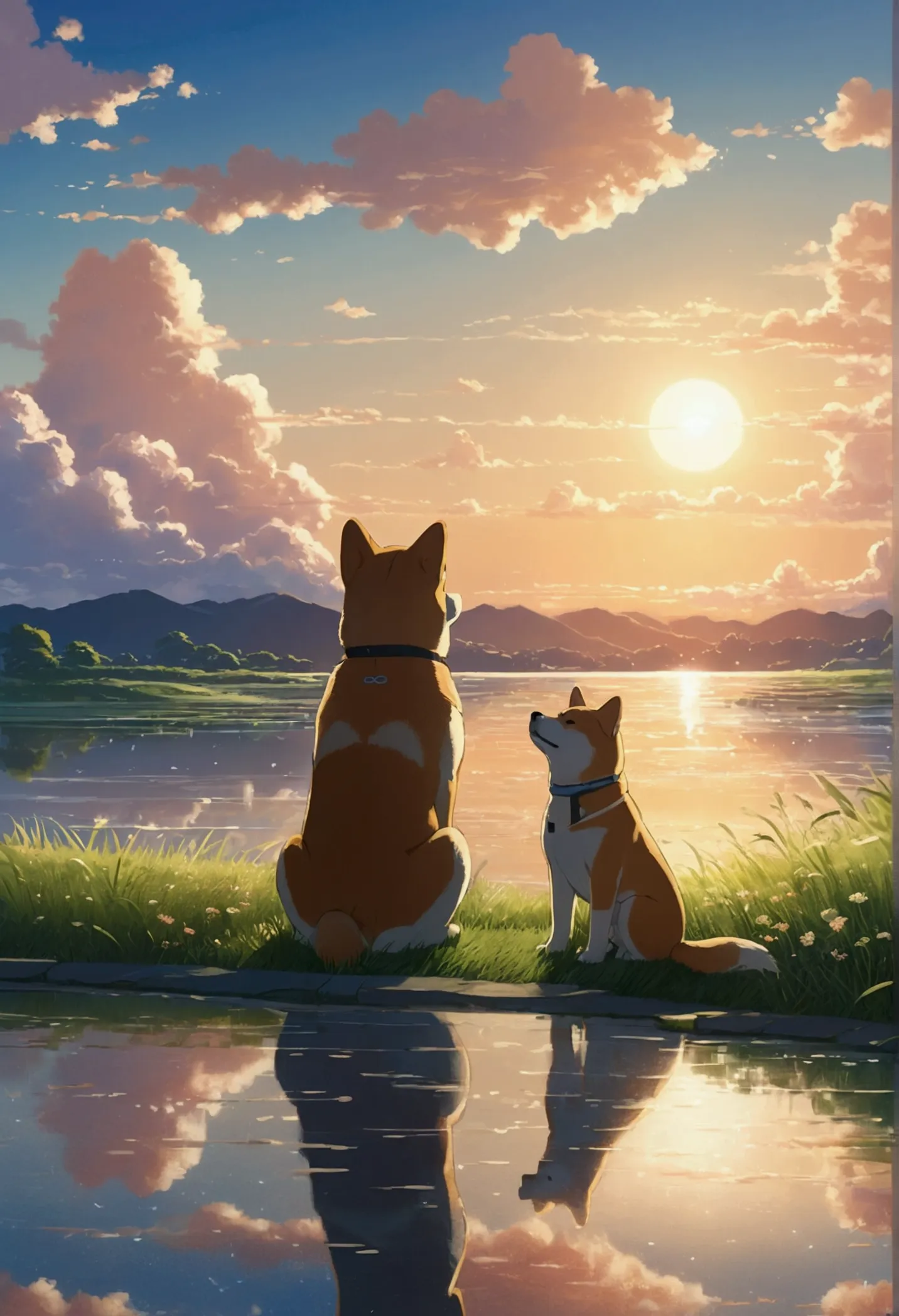 Makoto Shinkai Taste, Beautiful sky, Shiba Inu,puppy, Morning Glow,Romantic Landscape, Healing scenes,Sparkling,hope,Wide angle、