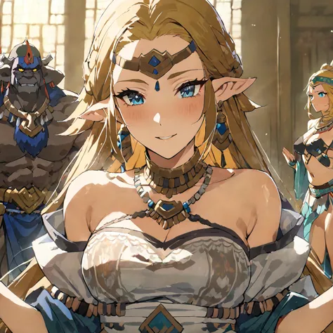 ((Highest quality)), ((masterpiece)), (detailed), （Perfect Face）、The woman is Queen Zelda of the Gerudo tribe, blonde with blue ...