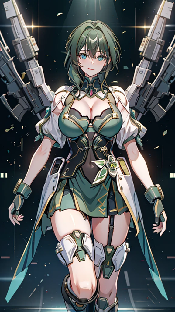 Military green translucent armor，Arm mecha，light blue short hair，Braided hairstyle，Large Breasts，Cleavage，Pistol hanging from waist，fighter pilot，fighter hangar，Sexy，Lipstick，miss，Golden Eyes，stockings，Short skirt，Smile